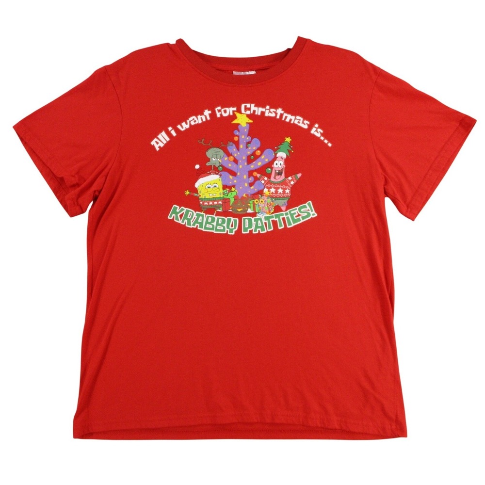 SpongeBob SquarePants Christmas T-Shirt Red Krabby Patties Graphic Tee Large